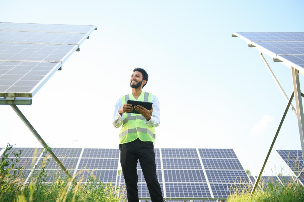 a man in a vest standing in front of solar panels