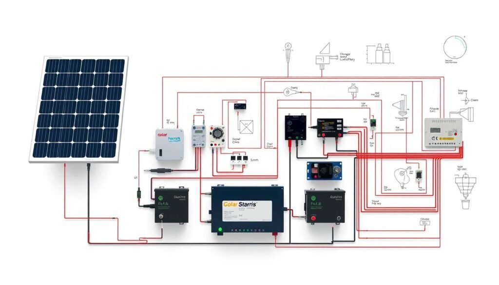 A detailed circuit diagram showcasing the intricacies of series and parallel wiring in a solar power system. The image should depict solar panels, charge controllers, batteries, and various electrical components connected through a series and parallel configuration. Utilize a clean, technical aesthetic with precise engineering schematics and technical diagrams. Maintain a balanced composition with clearly defined layers, showcasing the flow of electricity and the interplay between the components. Employ a neutral color palette with sharp contrasts to emphasize the technical nature of the subject matter. Incorporate subtle shadows and highlights to accentuate the three-dimensional aspects of the circuitry. The overall mood should convey a sense of order, efficiency, and scientific precision, reflecting the complexities of solar power system design.