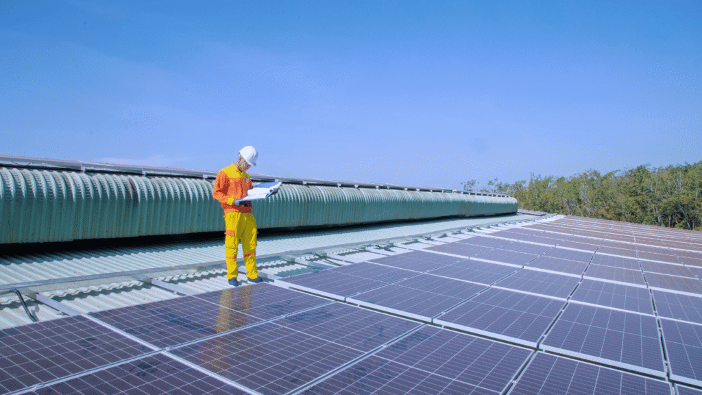 A serene solar panel installation nestled in a lush, verdant landscape. Sunlight streams through wispy clouds, casting a warm, golden glow across the scene. In the foreground, sleek, ebony solar panels stand in orderly rows, their surfaces gleaming with efficiency. The middle ground showcases a tranquil pond, its still waters reflecting the panels and the surrounding foliage. In the background, rolling hills dotted with swaying trees create a picturesque, natural backdrop. The overall composition conveys a sense of harmony between renewable energy and the environment, highlighting the benefits of solar power adoption. সোলার শেখার সুবিধা