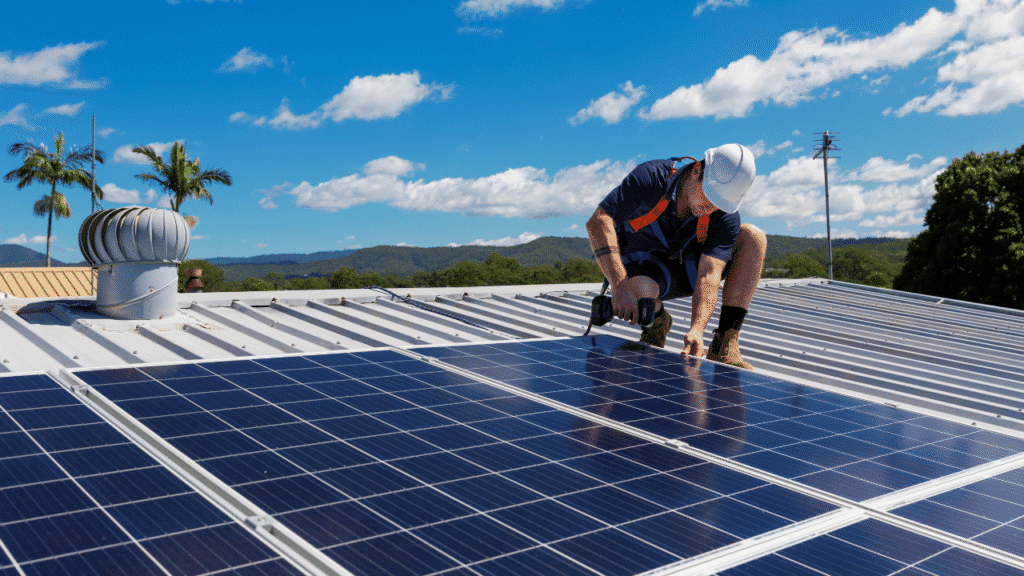 A serene rural landscape showcasing a solar installation system. In the foreground, a cluster of neatly arranged solar panels glimmers under the sunlight, their surfaces reflecting a blue sky. To the left, a farmer in modest casual clothing is examining the panels, a tool in hand, demonstrating the installation process. The middle ground features a small village house with a thatched roof, surrounded by lush greenery and a few chickens pecking at the ground. In the background, rolling hills create a peaceful backdrop, with soft clouds floating above. The lighting is bright and warm, evoking a sense of hope and sustainability. The angle captures the harmony between technology and nature, emphasizing the ease of solar installation in a rural setting. গ্রামে সোলার সিস্টেম কিভাবে লাগাবো: সহজ ধাপে ইনস্টলেশন প্রক্রিয়া