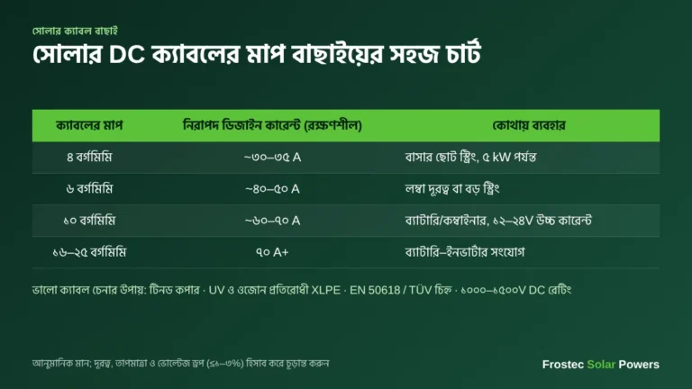 সোলার DC ক্যাবলের মাপ বাছাইয়ের চার্ট — ৪, ৬, ১০ বর্গমিমি