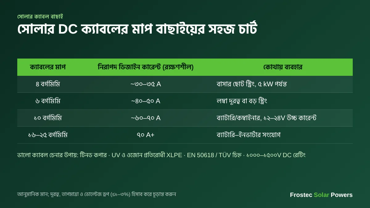 সোলার DC ক্যাবলের মাপ বাছাইয়ের চার্ট — ৪, ৬, ১০ বর্গমিমি