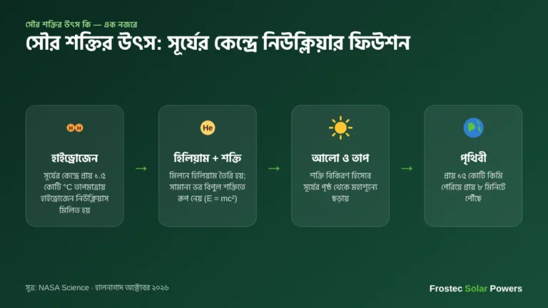 সৌর শক্তির উৎস — সূর্যের কেন্দ্রে হাইড্রোজেন থেকে হিলিয়াম নিউক্লিয়ার ফিউশন